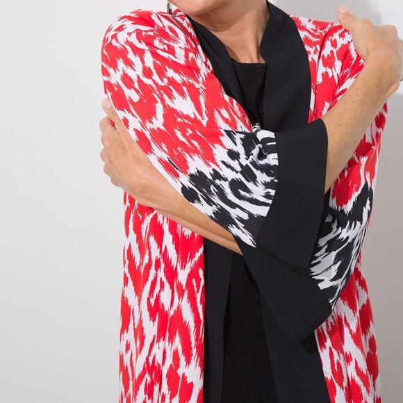 Chico's | Travelers Collection S/M Orange Black Ikat Print Open Layering Kimono - Picture 3 of 11